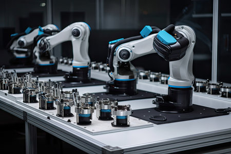 two cobots working together to assemble product, with one picking up components and the other placing them in position, created with generative aiの素材