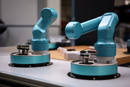 two cobots working together to assemble product, with one picking up components and the other placing them in position, created with generative aiの素材