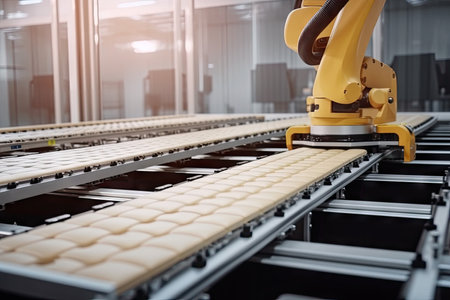 robot arm moving products from conveyor belt to next station in factory, created with generative aiの素材