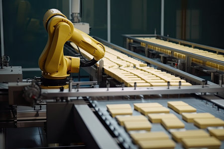 robot arm moving products from conveyor belt to next station in factory, created with generative aiの素材
