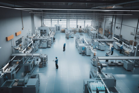 factory floor with cobots and human workers completing tasks together, created with generative aiの素材