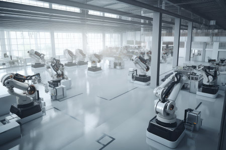 factory floor with cobots and human workers completing tasks together, created with generative aiの素材