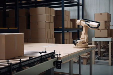 robot arm moving product to different location in factory, created with generative aiの素材