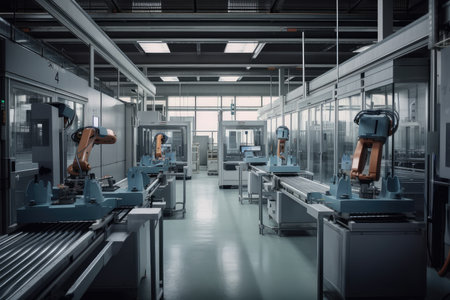 factory floor with cobots performing different tasks, demonstrating their versatility, created with generative aiの素材