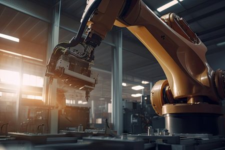 robot assisting human worker in assembly line, created with generative aiの素材