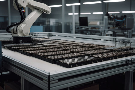 cobot carrying tray of electronic components to assembly line, created with generative aiの素材