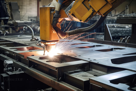 robot arm welding metal plate on automotives in factory, created with generative aiの素材