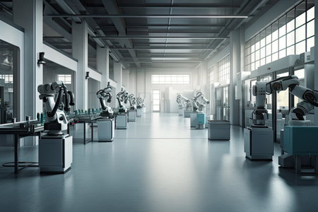 factory floor with cobots performing precision tasks side by side with human workers, created with generative aiの素材