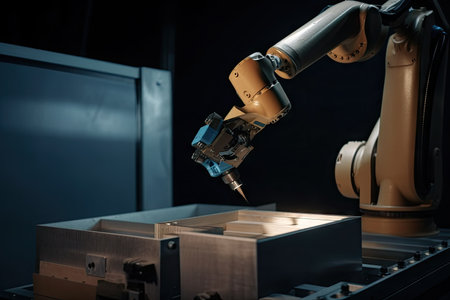 robot arm picks up toolbox and places it into robotic hand, created with generative aiの素材