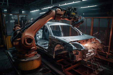 metal robotic arm welding seams on metal car frame, created with generative aiの素材
