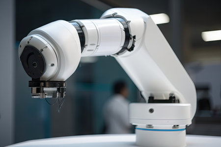 close-up of collaborative robots arm, with its delicate fingers gripping a component, created with generative aiの素材