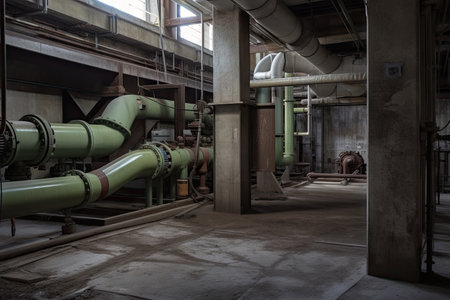 concrete wall in industrial setting, with large pipes and machinery nearby, created with generative aiの素材