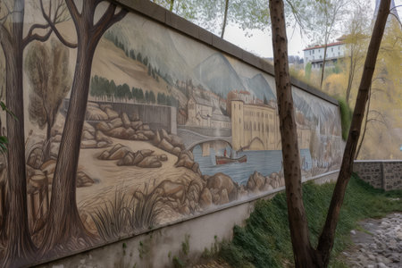 a concrete wall with a mural painted on it, depicting a fantasy or historical scene, created with generative aiの素材