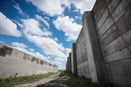 concrete wall reaching up to the sky, with clouds and blue skies in the background, created with generative aiの素材