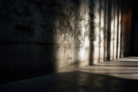 spooky concrete wall with flickering light and eerie shadow in the background, created with generative aiの素材
