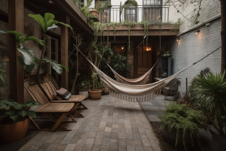 outdoor patio with hammock, lanterns and potted plants for a serene escape, created with generative aiの素材