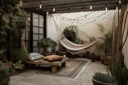 outdoor patio with hammock, lanterns and potted plants for a serene escape, created with generative aiの素材