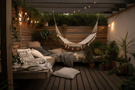 outdoor patio with hammock, lanterns and potted plants for a serene escape, created with generative aiの素材