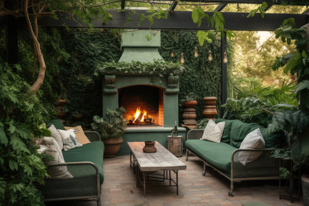 a cozy outdoor patio with a fireplace and plush seating, surrounded by lush greenery, created with generative aiの素材