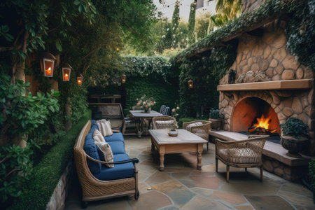 a cozy outdoor patio with a fireplace and plush seating, surrounded by lush greenery, created with generative aiの素材
