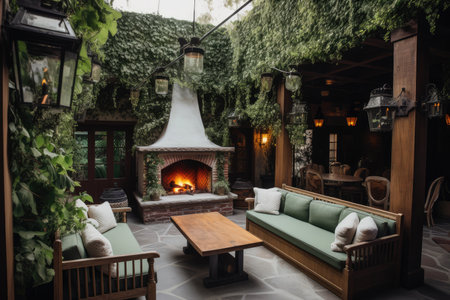 a cozy outdoor patio with a fireplace and plush seating, surrounded by lush greenery, created with generative aiの素材
