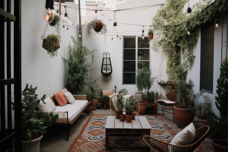 cozy outdoor patio with hanging lanterns, bistro chairs, and potted plants, created with generative aiの素材