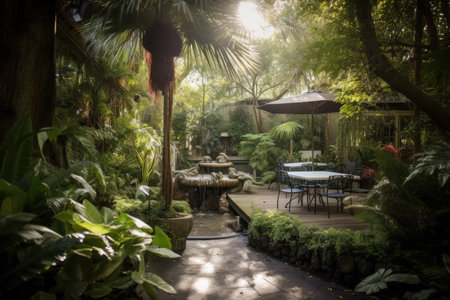 outdoor patio surrounded by lush greenery, with a cascading waterfall and peaceful atmosphere, created with generative aiの素材