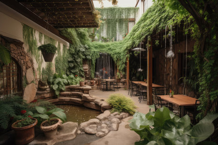 outdoor patio surrounded by lush greenery, with a cascading waterfall and peaceful atmosphere, created with generative aiの素材