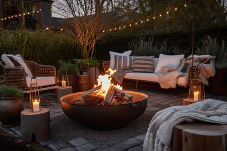 cozy outdoor patio with fire pit, lanterns and warm blankets for a cozy evening, created with generative aiの素材