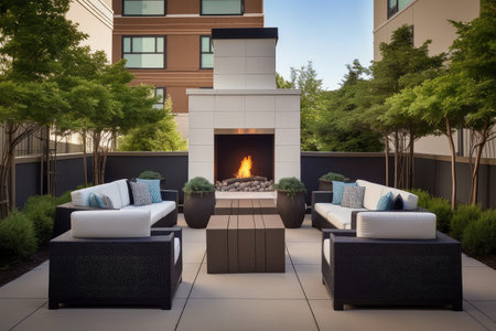 a patio with an outdoor fireplace and plush lounge chairs, created with generative aiの素材