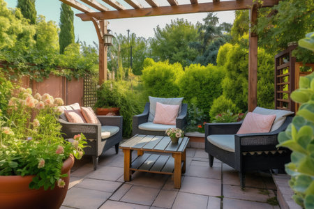 cozy patio with comfortable seating and views of a tranquil garden, created with generative aiの素材