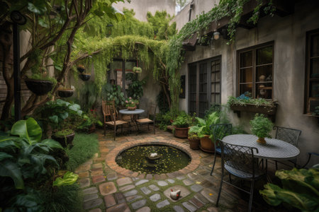 a cozy patio surrounded by greenery and a trickle of water, created with generative aiの素材