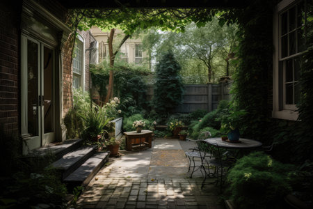 a cozy patio surrounded by greenery and a trickle of water, created with generative aiの素材