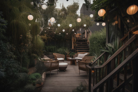 cozy outdoor patio with deck chairs and lanterns, surrounded by lush greenery, created with generative aiの素材