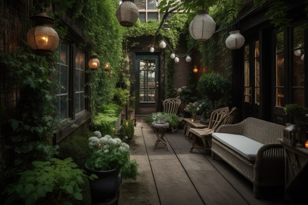 cozy outdoor patio with deck chairs and lanterns, surrounded by lush greenery, created with generative aiの素材