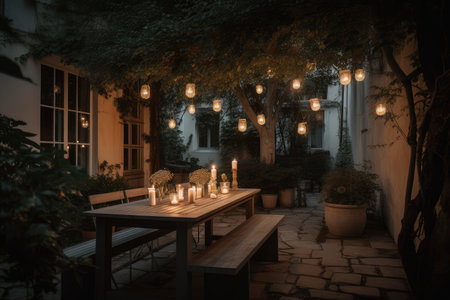 outdoor dining area with lighting and flickering candles, created with generative aiの素材