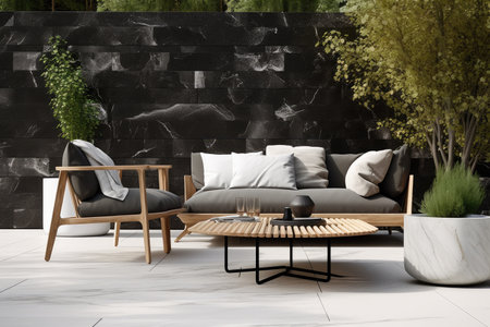 scandinavian-inspired outdoor space with sleek furnishings and natural stone accents, created with generative aiの素材