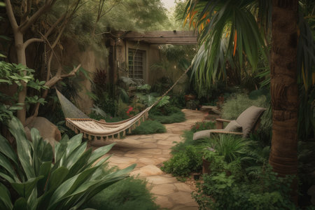 relaxing garden retreat with hammock, plants and natural stone walkway, created with generative aiの素材