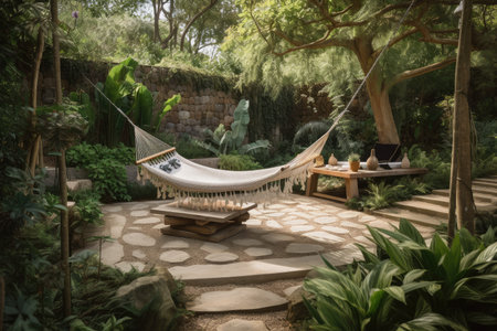 relaxing garden retreat with hammock, plants and natural stone walkway, created with generative aiの素材