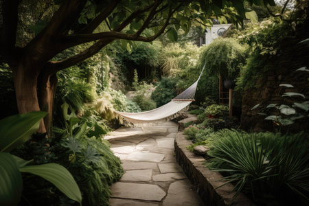 relaxing garden retreat with hammock, plants and natural stone walkway, created with generative aiの素材