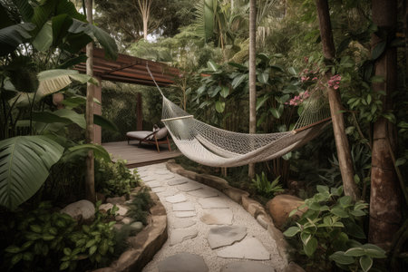 relaxing garden retreat with hammock, plants and natural stone walkway, created with generative aiの素材