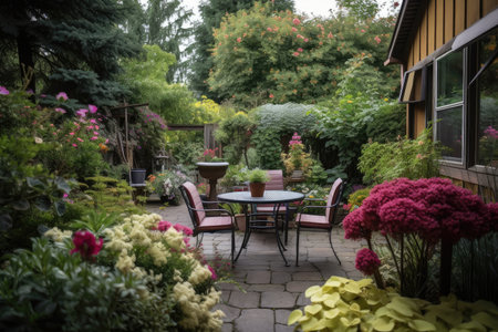 cozy outdoor patio surrounded by blooming flowers and plants, with hummingbird feeder visible in the garden, created with generative aiの素材
