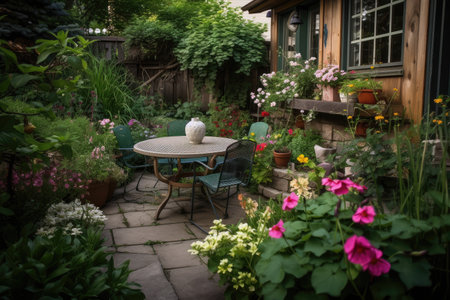 cozy outdoor patio surrounded by blooming flowers and plants, with hummingbird feeder visible in the garden, created with generative aiの素材
