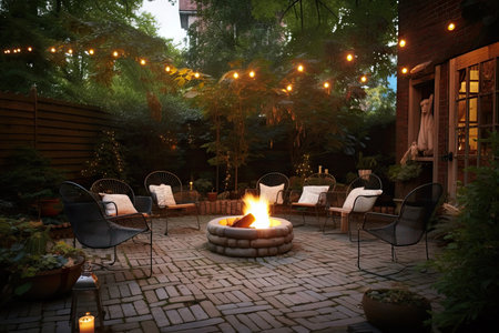 cozy patio with fire pit and candles, providing a warm and cozy gathering place, created with generative aiの素材