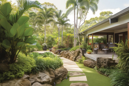 outdoor oasis, with lush greenery and natural stone features, provides a serene escape, created with generative aiの素材