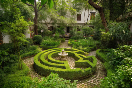 a lush garden with winding pathways and a gurgling fountain, the perfect place to read a book or have tea, created with generative aiの素材