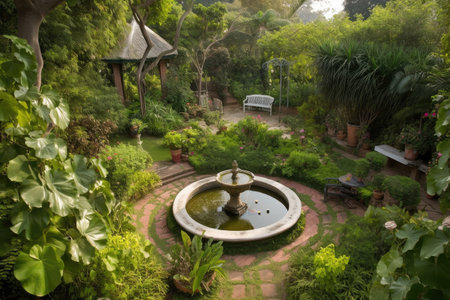 a lush garden with winding pathways and a gurgling fountain, the perfect place to read a book or have tea, created with generative aiの素材