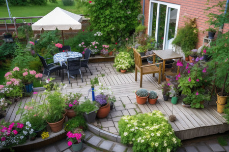 cozy outdoor patio with mini garden, filled with plants and flowers, created with generative aiの素材
