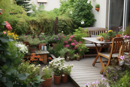 cozy outdoor patio with mini garden, filled with plants and flowers, created with generative aiの素材
