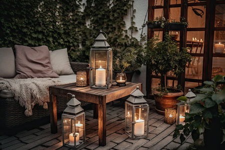 cozy outdoor patio with lanterns, candles, and potted plants for a romantic setting, created with generative aiの素材